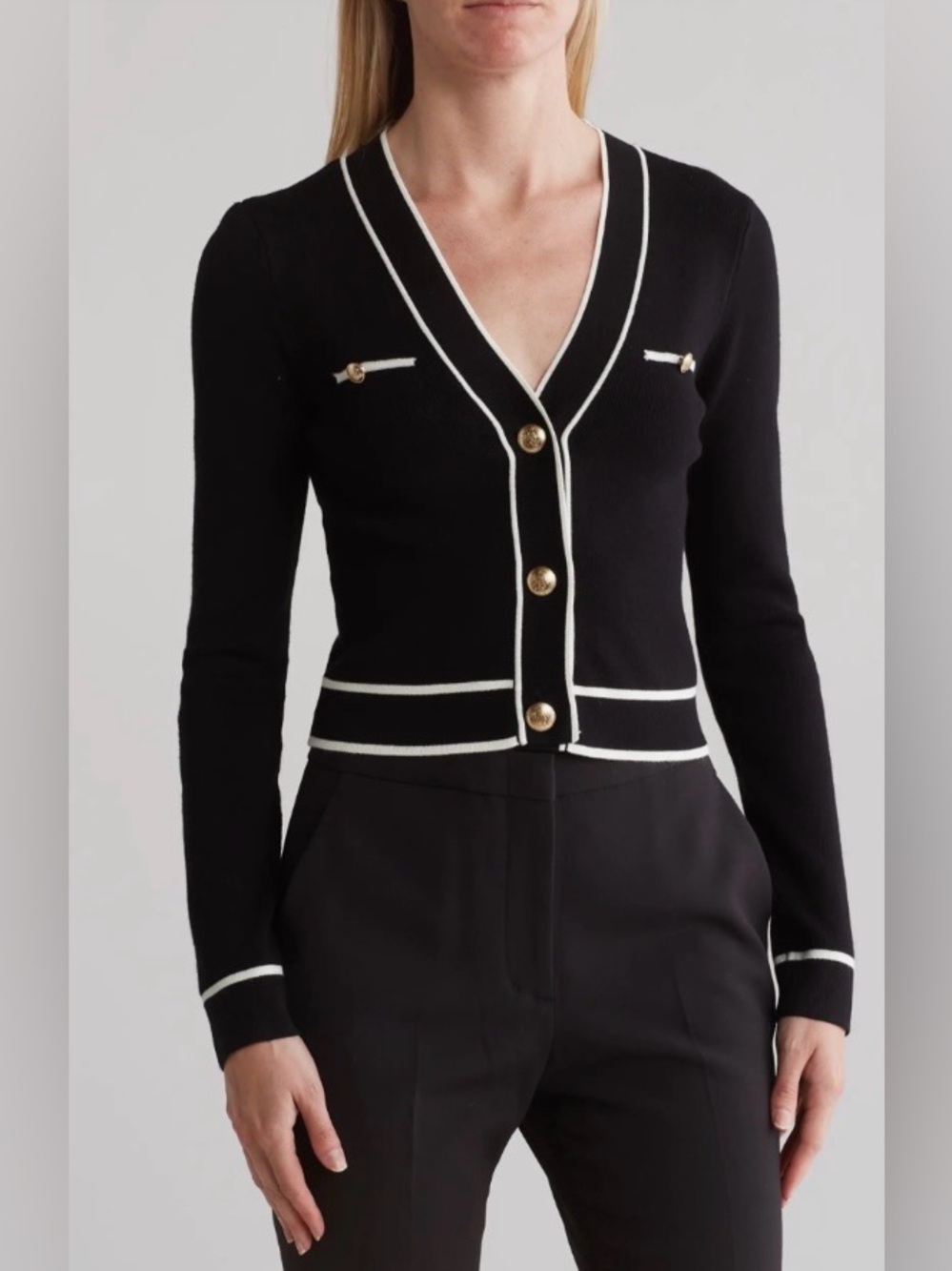 Laundry By Shelli Segal Black Cardigan with White Trim and Gold Buttons